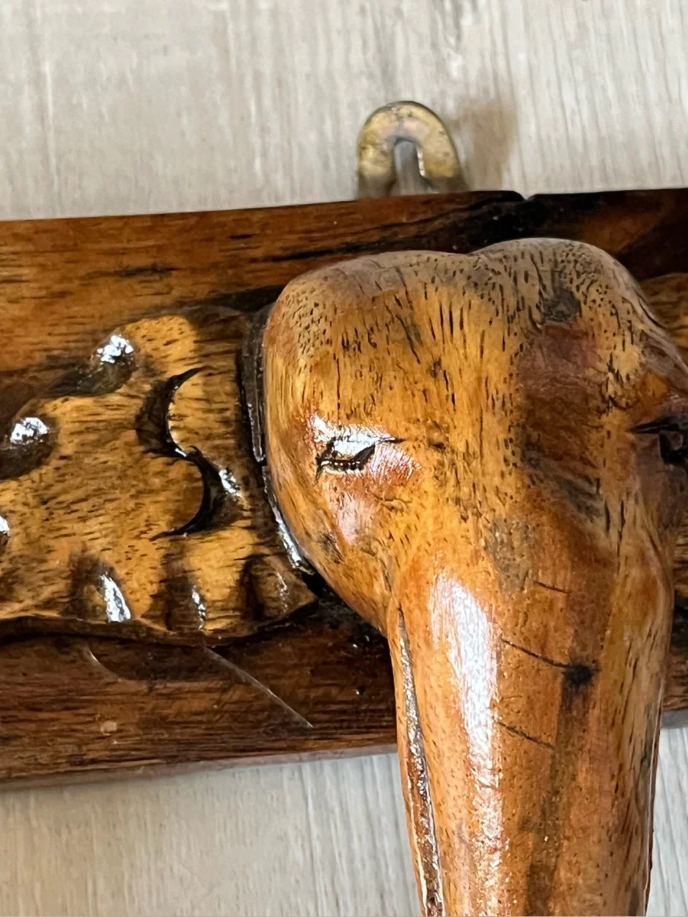 Hand-Carved Wooden Wall Hook Rack in Brown